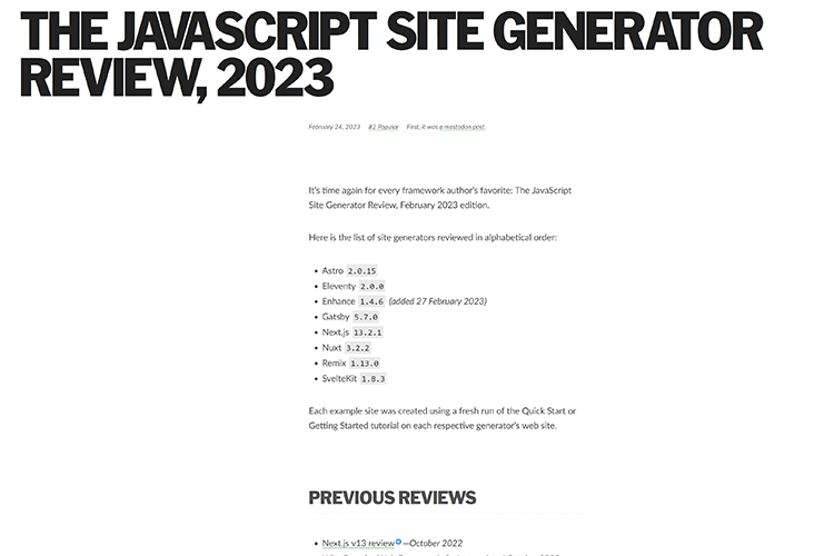 Example from The JavaScript Site Generator Review, 2023