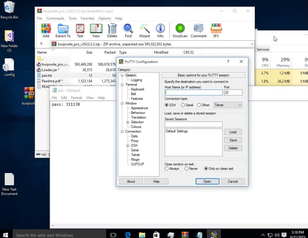 Image 4 is a screenshot of a desktop. Task manager is open. A trial version of Burp Suite is also open. An open file in Notepad has pass: 311138 as its contents. PuTTY Configuration is open.