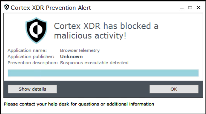 Image 9 is a screenshot of the Cortex XDR Prevention Alert window. Cortex XDR has blocked a malicious activity! Application name: BrowserTelemetry. Application publisher: Unknown. Prevention description: Suspicious executable detected. There are two buttons: Show details and OK. 