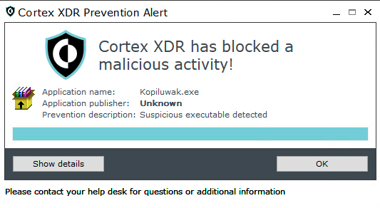 Image 12 is a screenshot of the Cortex XDR Prevention Alert window. Cortex XDR has blocked a malicious activity! Application name: Kopiluwak.exe. Application publisher: Unknown. Prevention description: Suspicious executable detected. There are two buttons: Show details and OK.