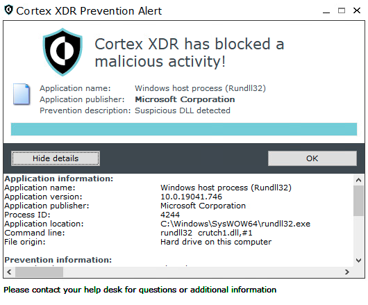 Image 16 is a screenshot of the Cortex XDR Prevention Alert window. Cortex XDR has blocked a malicious activity! Application name: Windows host process (Rundll32). Application publisher: Microsoft Corporation. Prevention description: Suspicious DLL detected. Show details has been selected and the information included is: application name, application version, application publisher, process ID, application location, command line and file origin.