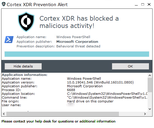 Image 18a is a screenshot of the Cortex XDR Prevention Alert window. Cortex XDR has blocked a malicious activity! Application name: Windows PowerShell. Application publisher: Microsoft Corporation. Prevention description: Behavioral threat detected. Show details has been selected and the information included is: application name, application version, application publisher, process ID, application location, command line, file origin and user name. 