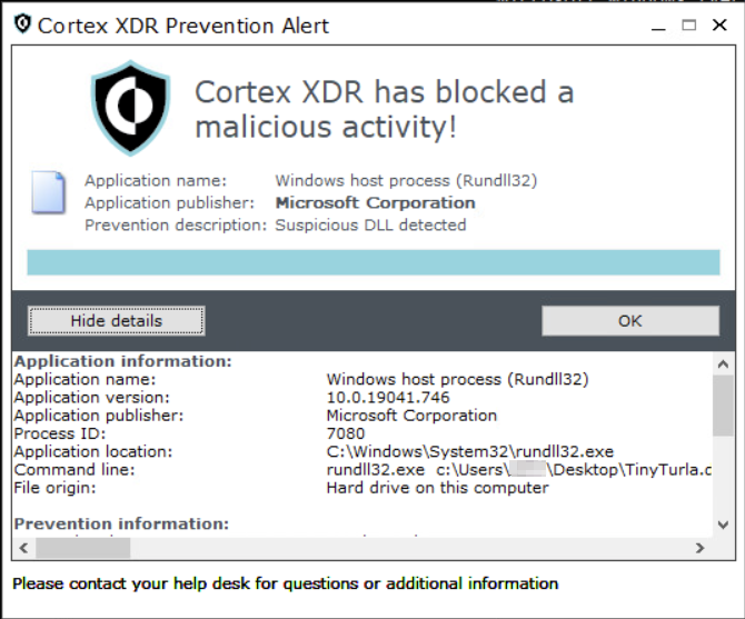 Image 25 is a screenshot of the Cortex XDR Prevention Alert window. Cortex XDR has blocked a malicious activity! Application name: Windows host process (Rundll32). Application publisher: Microsoft Corporation. Prevention description: Suspicious DLL detected.