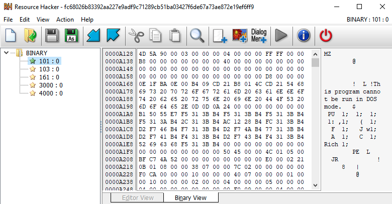 Image 4 is a screenshot of the program Resource Hacker. It lists Snake loaders resources. On the left is a menu of the binary. The view in the screenshot is the binary view, and the user can also select an editor view.
