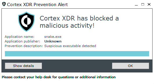 Image 6 is a screenshot of the Cortex XDR Prevention Alert window. Cortex XDR has blocked a malicious activity! Application name: snake.exe. Application publisher: Unknown. Prevention description: Suspicious executable detected. There are two buttons: Show details and OK. 