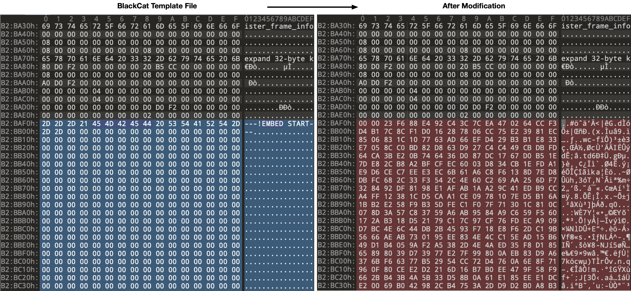 Image 3 is a comparison of two BlackCat samples. On the left is the BlackCat template file. many of the lines are highlighted in blue. On the right is the sample after modification. Many of the lines are highlighted in red. 