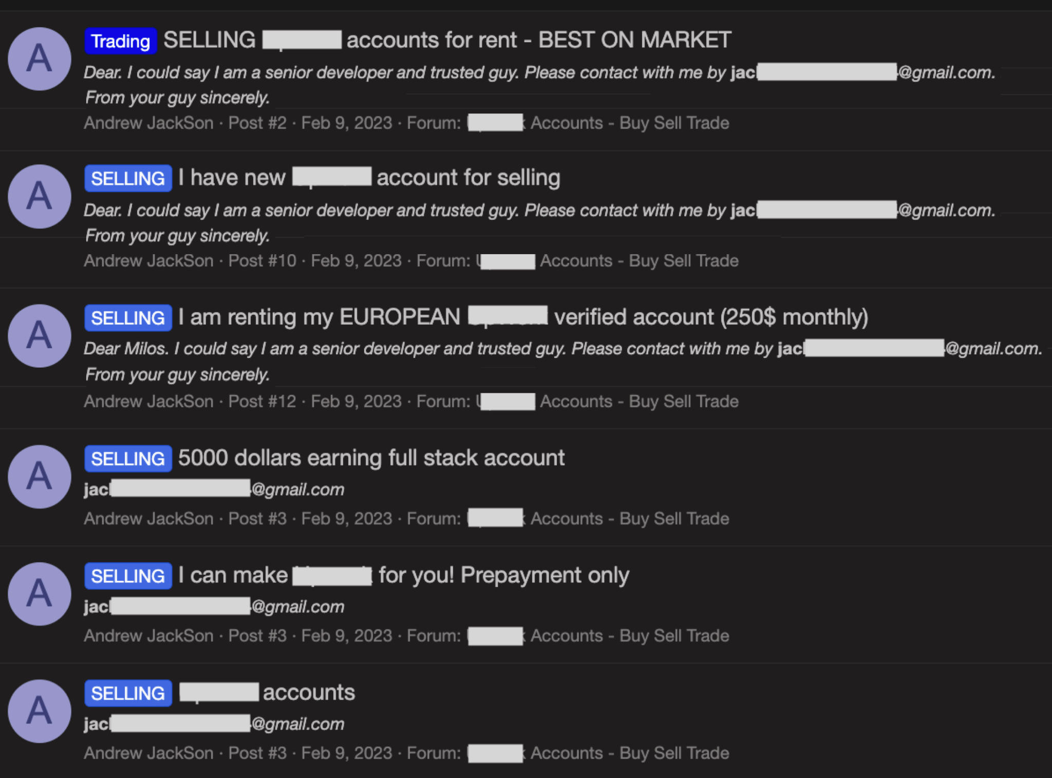 Image 13 is a screenshot of messages from an underground market that sells accounts. Some information is redacted. They are all posted by Andrew JackSon on February 9, 2023. 