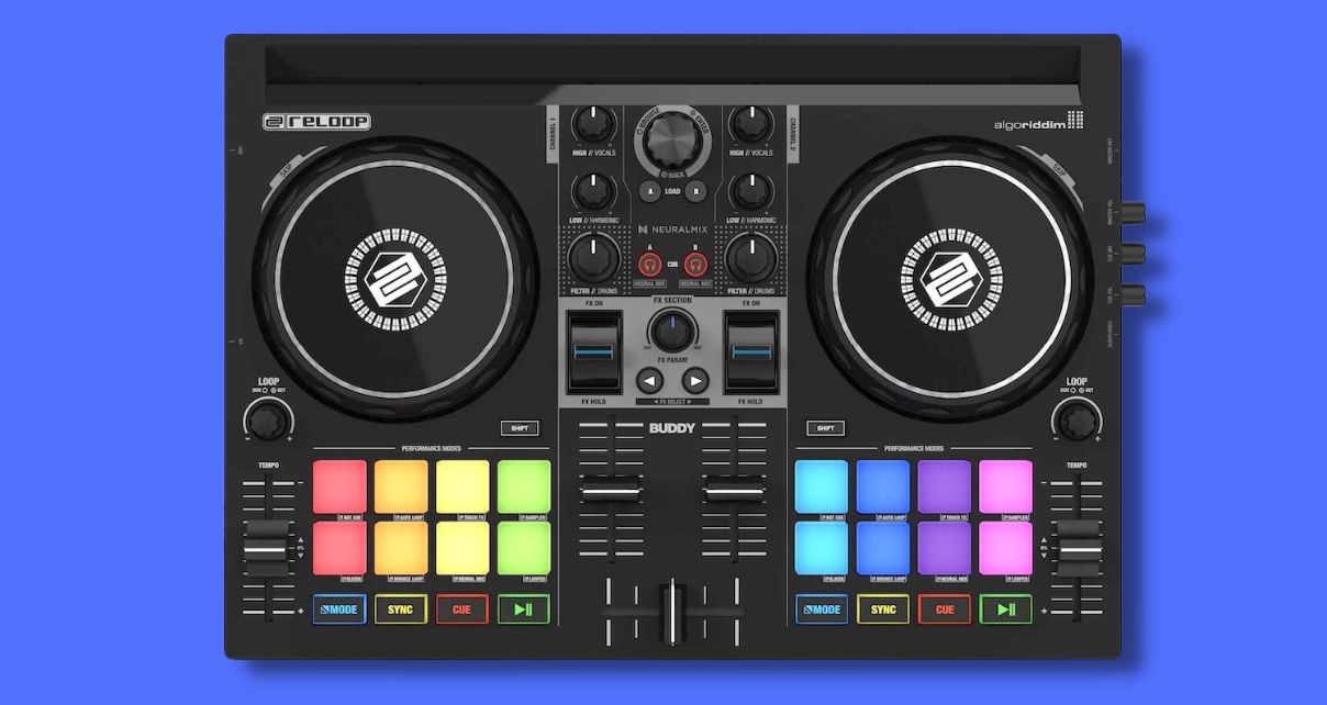 Top view of Reloop Buddy DJ controller with blue background