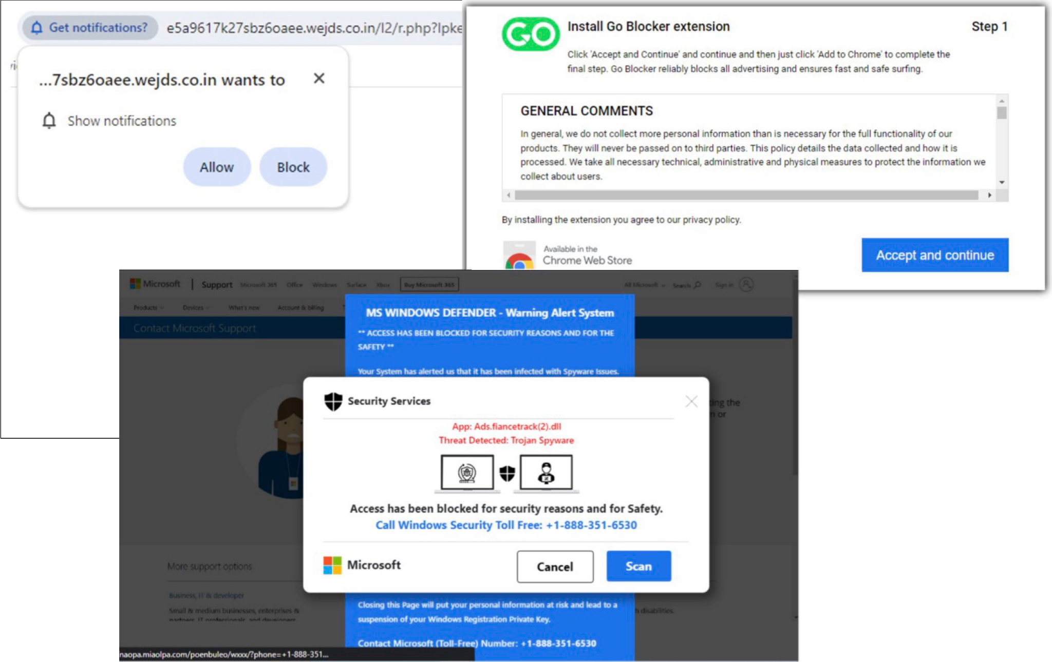 Image 8 is a collection of three screenshots. Clockwise from left to right: Get notifications popup with options to Allow or Block. Popup window for Go Blocker extension. Includes logo, General Comments, and Accept and continue button. Microsoft Services popup against a MS WINDOWS DEFENDER warning alert. Threat detected: Trojan spyware. Access has been blocked for security reasons and safety. Cancel and Scan options. 
