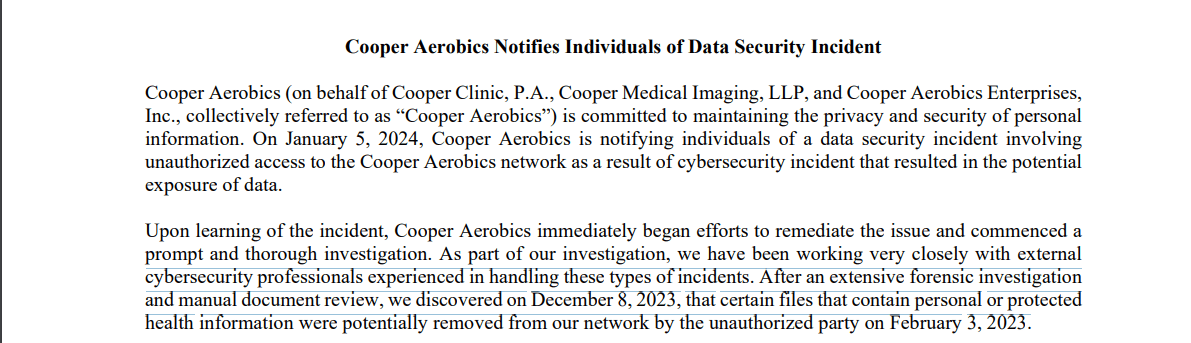 Cooper Aerobics data breach