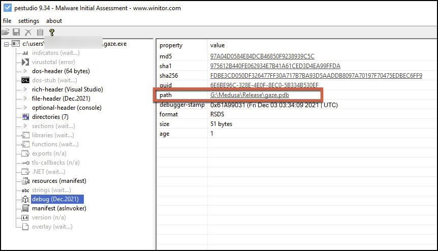 Image 19 is a screenshot in pestudio 9.34 of the PDF string in Gaze binary, highlighted in red. 