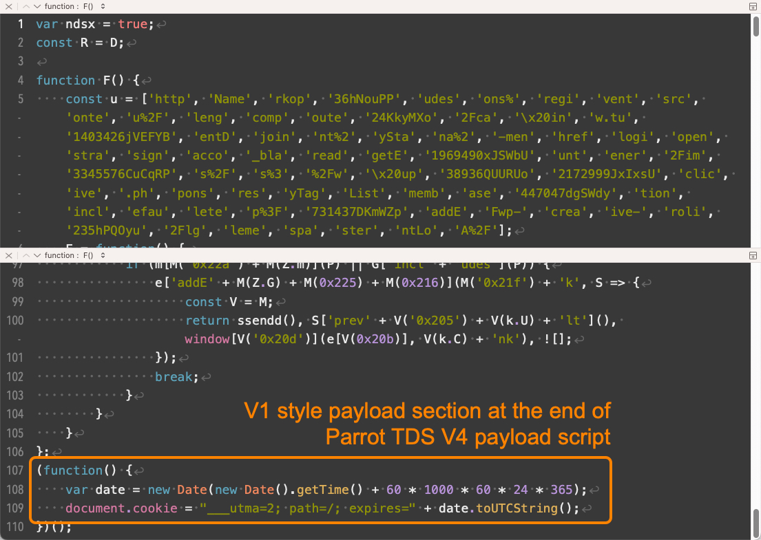 Image 16 is a stack of two screenshots from of an example Parrot TDS payload script from version four. The bottom screenshot highlights within an orange rectangle the version one-style payload section at the end of the Parrot TDS version four payload script.