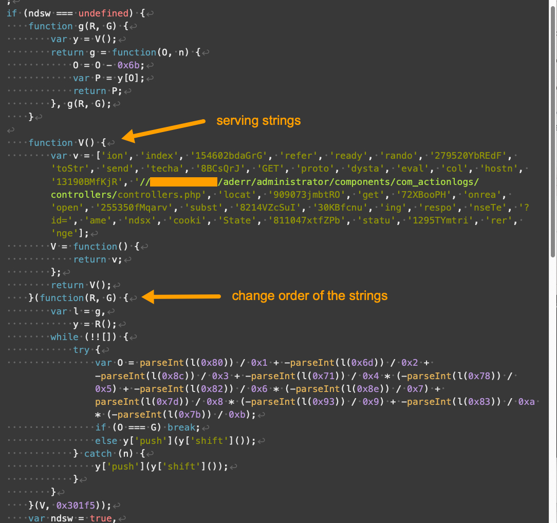 Image 5 is a screenshot of version three of an example Parrot TDS landing script. Some of the information is redacted. Arrows indicate, from top to bottom, the serving strings and the change order of the strings.