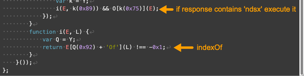 Image 7 is a screenshot of version three of an example Parrot TDS landing script. An arrow points to the line that executes if the response contains ndsx. A second arrow points to indexOf. 