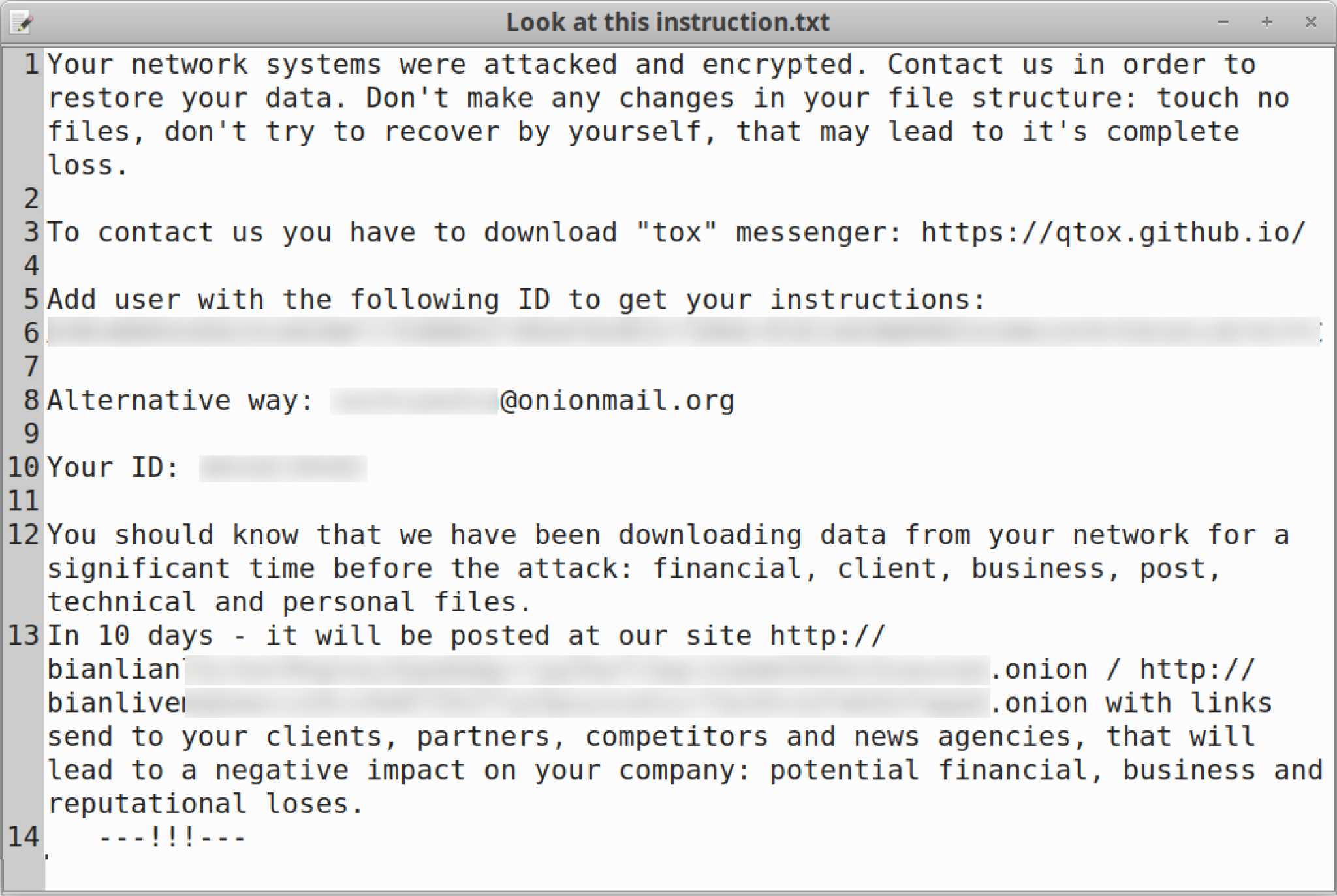 Image 10 is a screenshot of a BianLian ransomware note. Title: Look at this instruction.txt. Your network systems were attacked and encrypted. Contact us in order to restore your date. Don’t make any changes in your file structure: touch no files, don’t try to recover by yourself, that may lead to its complete loss. To contact us you have to download “tox” messenger. Add user with the following ID to get your instructions [redacted]. Alternative way [redacted email]. Your ID: [redacted]. You should know that we have been downloading data rom your network for a significant time before the attack: financial, client, business, post, technical and personal files. In 10 days it will be posted at our site. [redacted] with links. Send to your clients, partners, competitors and news agencies, that will lead to a negative impact on your company: potential financial, business and reputational loses. 