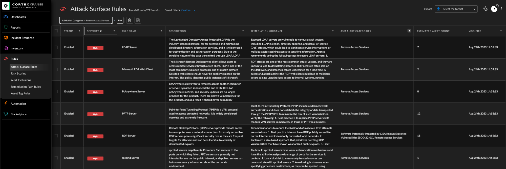 Image 17 is a screenshot of Cortex Xpanse Attack Surface rules. It includes the following categories: Status. Severity, Rule Name, Description, Remediation Guidance and more. 