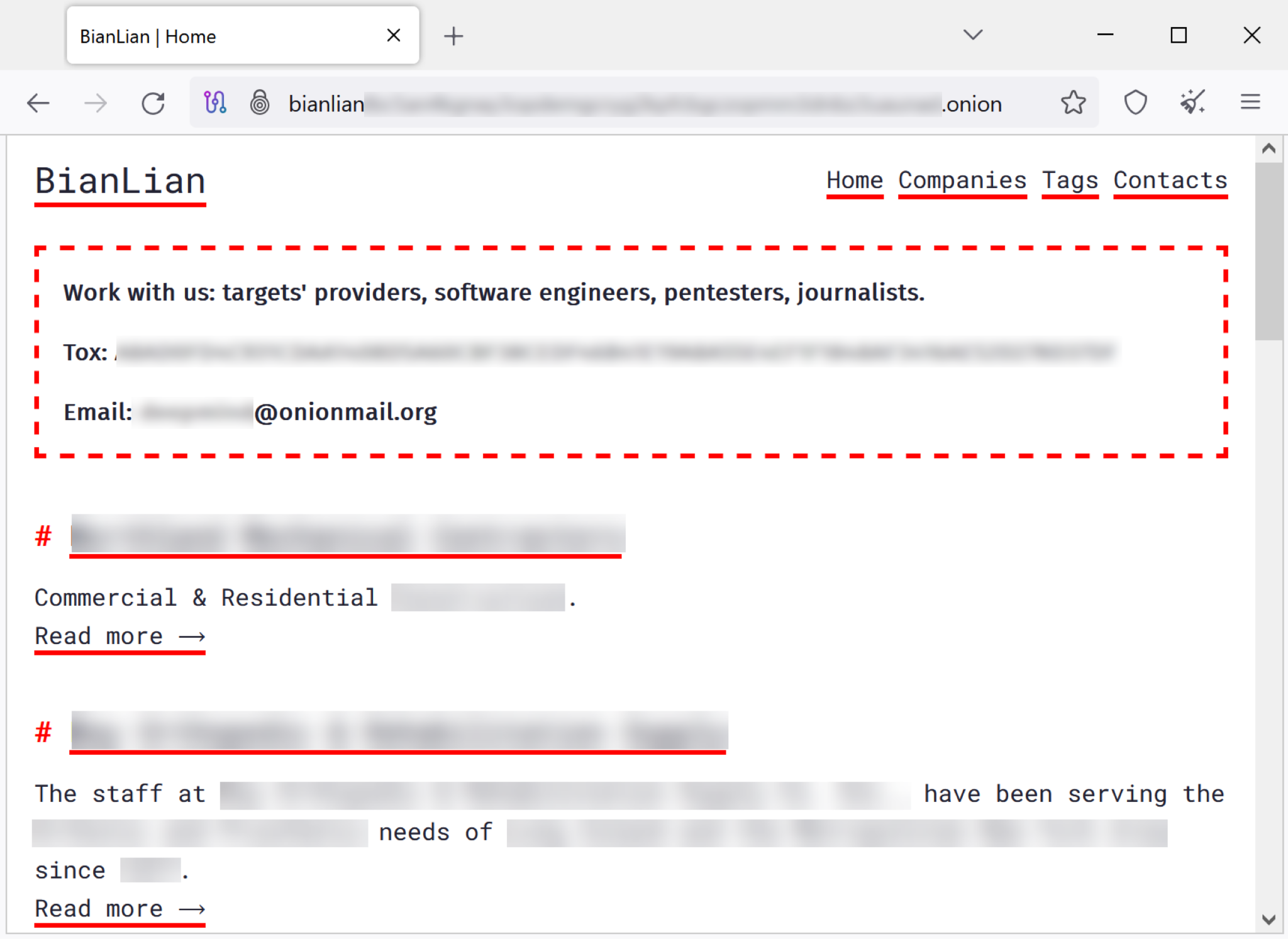 Image 2 is a screenshot of the BianLian leak site homepage as of December 2023. BianLian. Categories are Home, Companies, Tags, Contacts. Work with us: targets’ providers, software engineers, pentesters, journalists. Tox: [redacted]. Email: [redacted onion email]. Most of the following text is also redacted. 