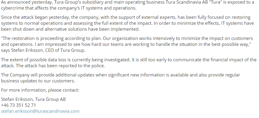 Tura Scandinavia AB Cyberattack update