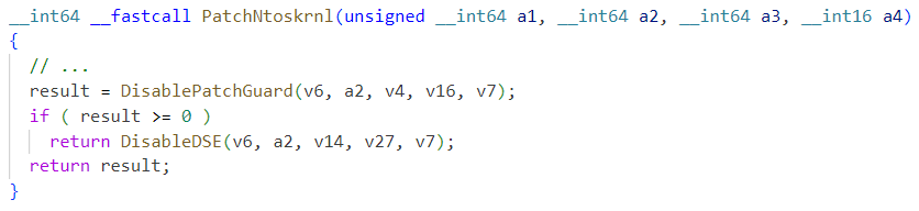 Image 16 is a screenshot of multiple lines of code where the function PatchNtoskrnl is modified. 