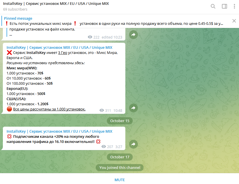 Image 3 is a screenshot of pricing for a PPI service from a Telegram chat. The chat has 39 subscribers and a pinned message. The language is in both English and Cyrillic characters. 