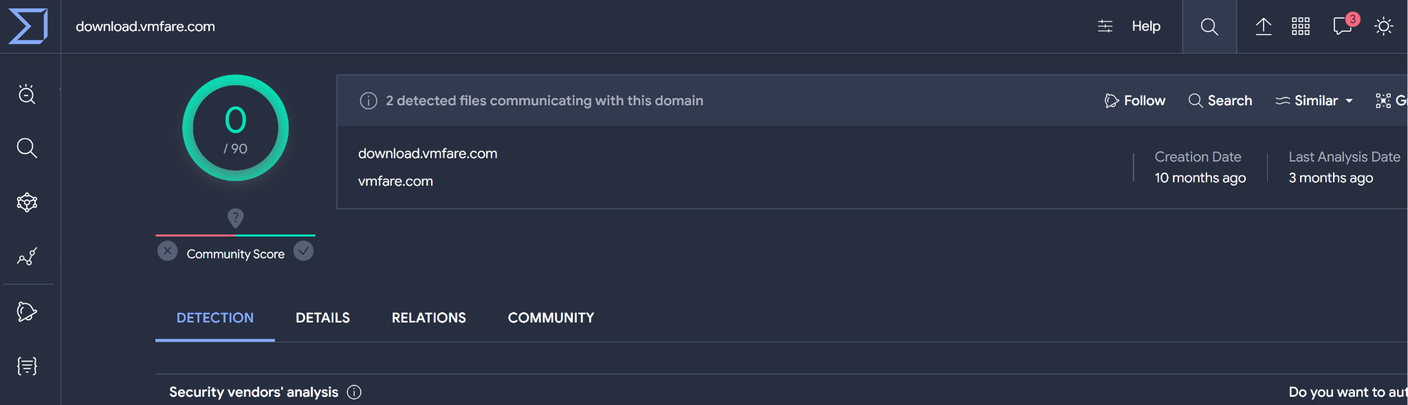 Image 1 is a screenshot of the VirusTotal score for a deceptive domain. The information includes the community score, which is zero, detection, details, relations, and community. The creation date at the time of the show was 10 months ago, and the last analysis date at the time of the screenshot was three months ago.