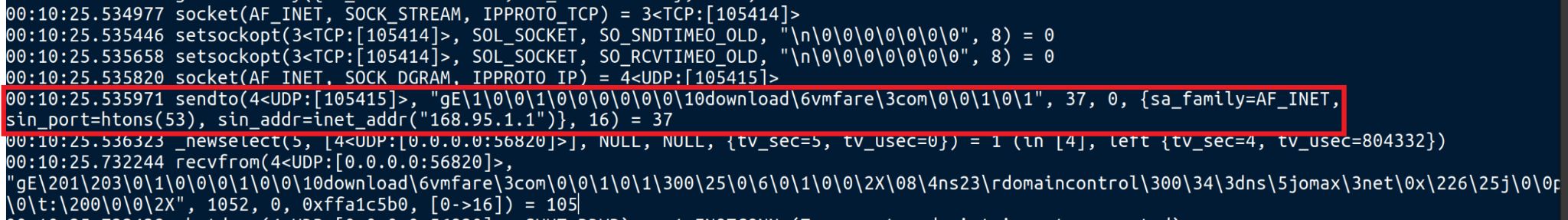 Image 8 is a screenshot of many lines of code. A red box highlights the malware that initiates a DNS query.